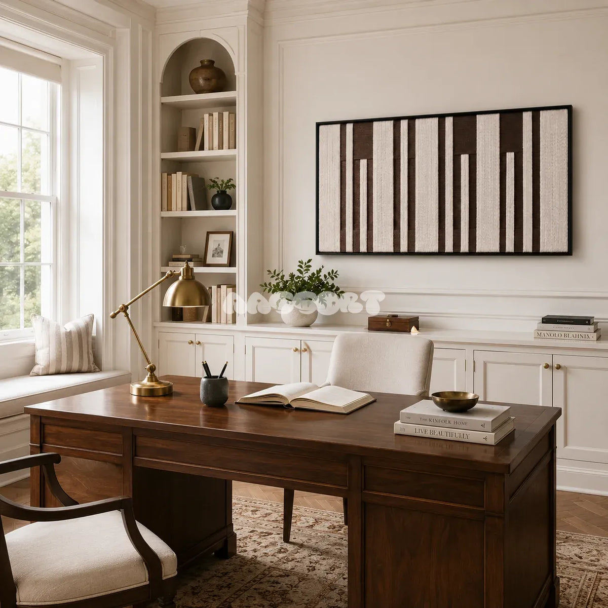 Cocoa Pillars RE035 brown and ivory textile wall art styled as a bold graphic focal point in a contemporary room.