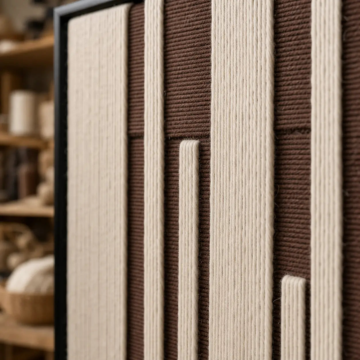 Macro close-up of Cocoa Pillars RE035 textile art highlighting thick brown and cream vertical soft cotton cord textures.