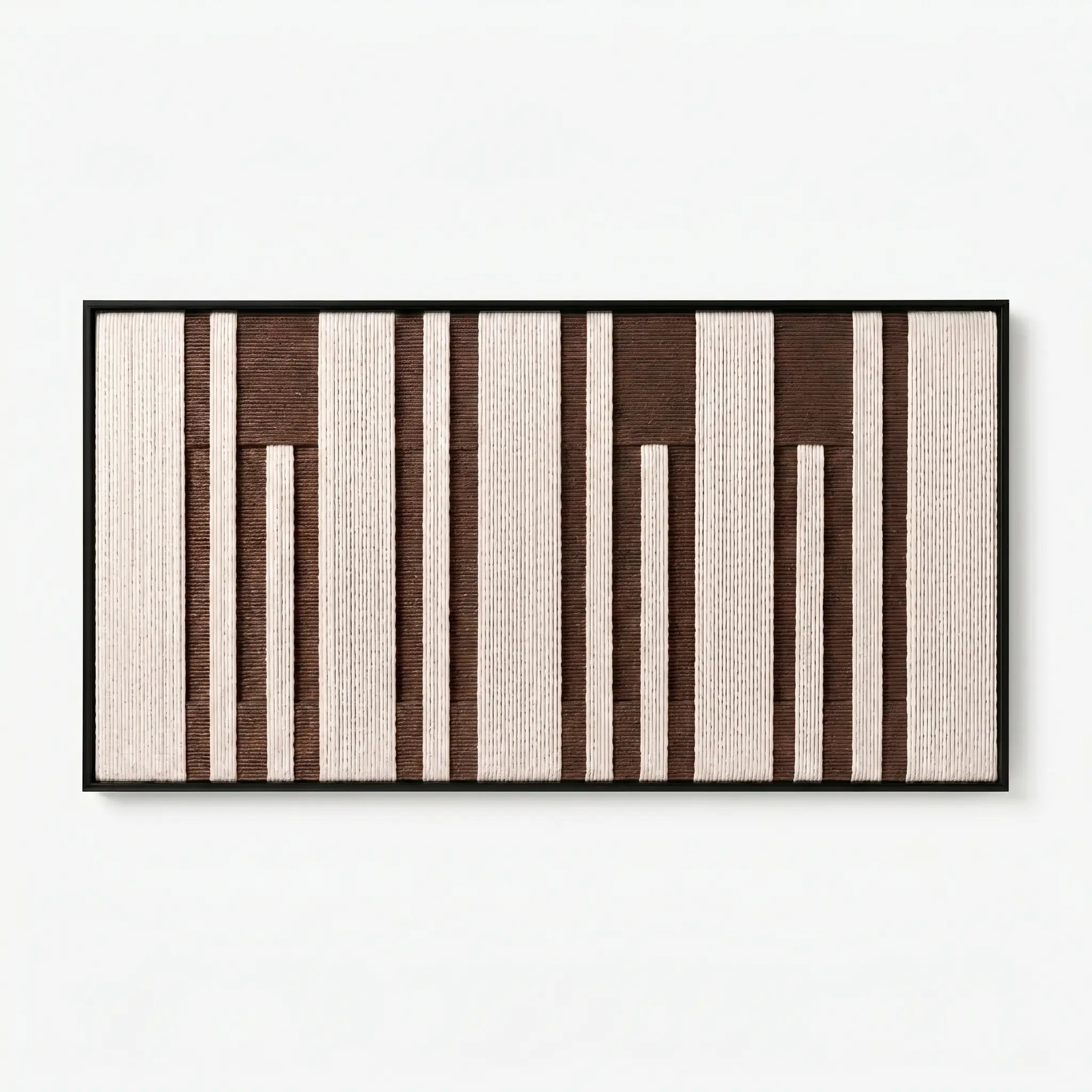Front view of Cocoa Pillars RE035 brown and cream vertical textile wall art in a clean frame on a white background.