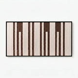 Front view of Cocoa Pillars RE035 brown and cream vertical textile wall art in a clean frame on a white background.