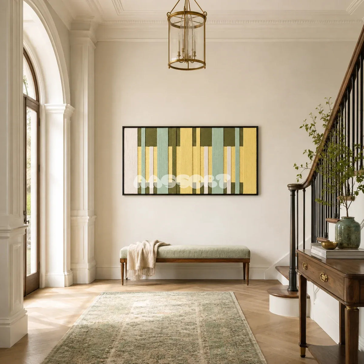 Garden Interval RE036 green and yellow textile wall art styled as a fresh botanical focal point in a contemporary room.