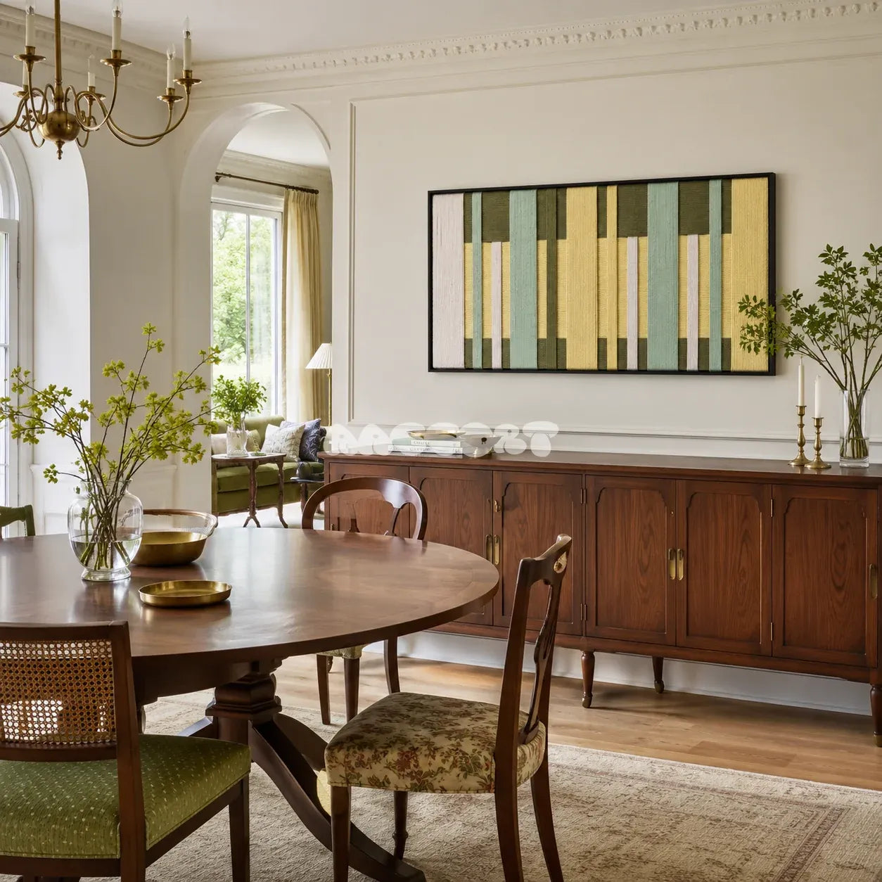 Garden Interval RE036 framed fiber artwork featuring rhythmic olive, mint, yellow, and ivory vertical bands in a modern interior.