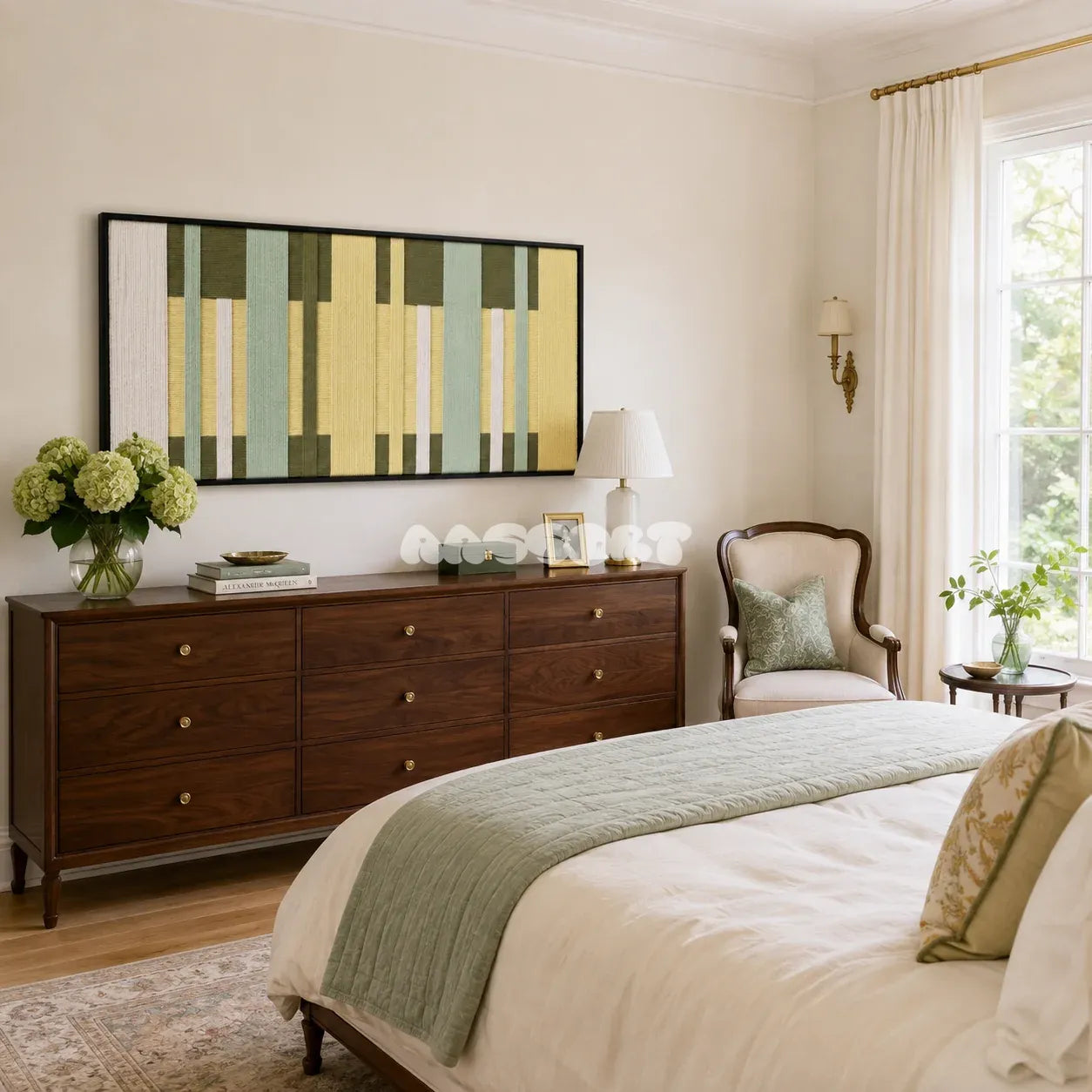 Garden Interval RE036 abstract panoramic textile artwork with colorful vertical rhythm presented in a stylish contemporary interior.