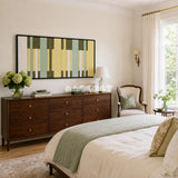 Garden Interval RE036 abstract panoramic textile artwork with colorful vertical rhythm presented in a stylish contemporary interior.