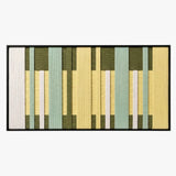 Front view of Garden Interval RE036 green and yellow geometric textile wall art in a black frame on a white background.