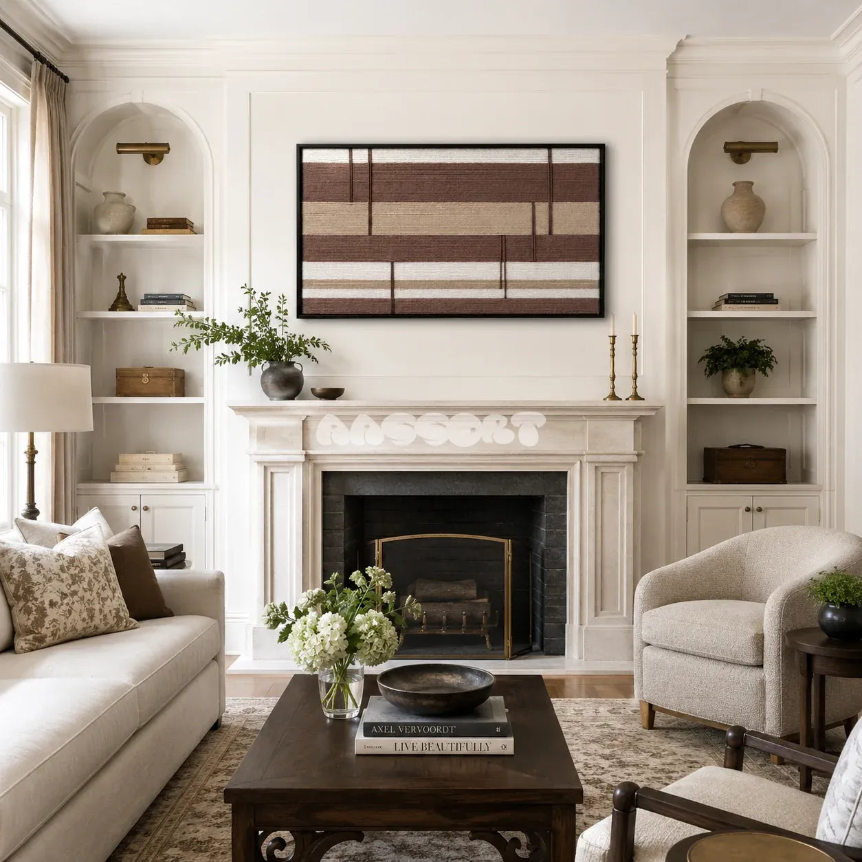 Cocoa Strata brown and cream textile wall art displayed in a warm modern interior.