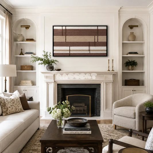Cocoa Strata brown and cream textile wall art displayed in a warm modern interior.