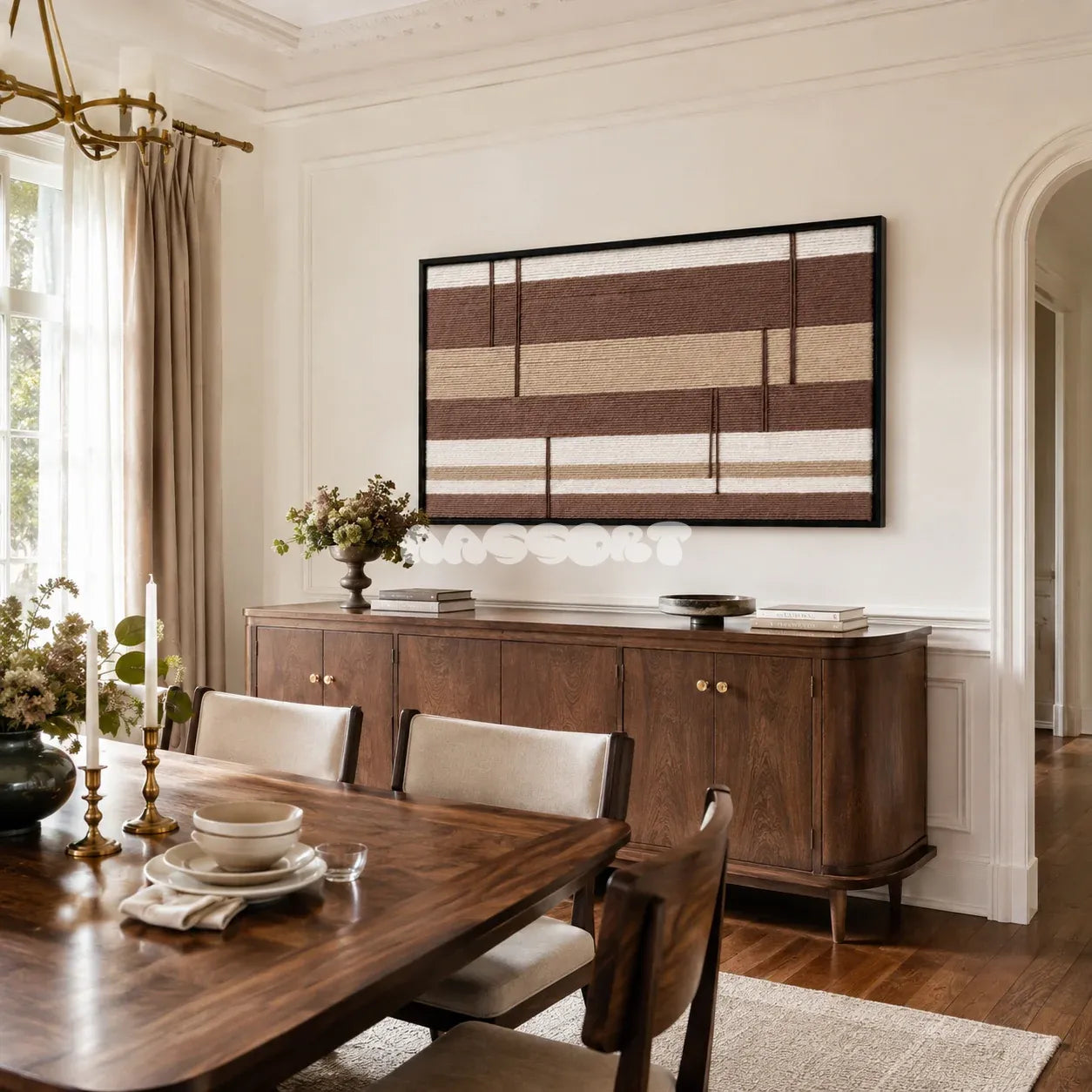 Cocoa Strata neutral brown striped fiber artwork styled as a focal point in a contemporary home.