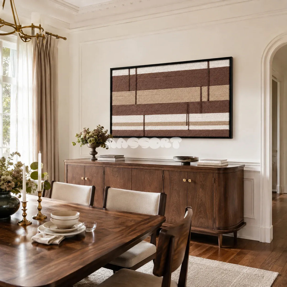 Cocoa Strata neutral brown striped fiber artwork styled as a focal point in a contemporary home.