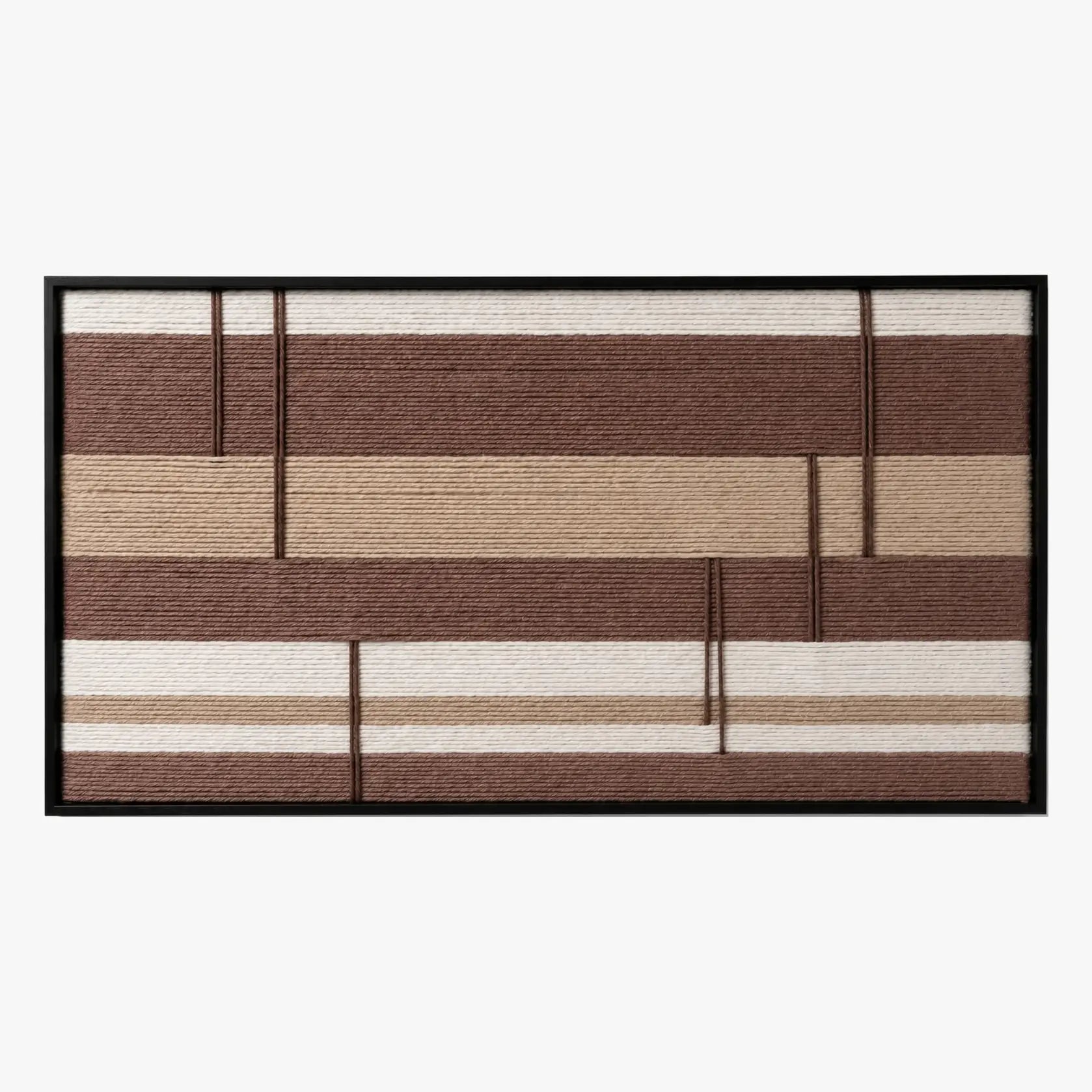 Front studio view of Cocoa Strata textured wall art with cocoa brown and cream horizontal stripes in a black frame.