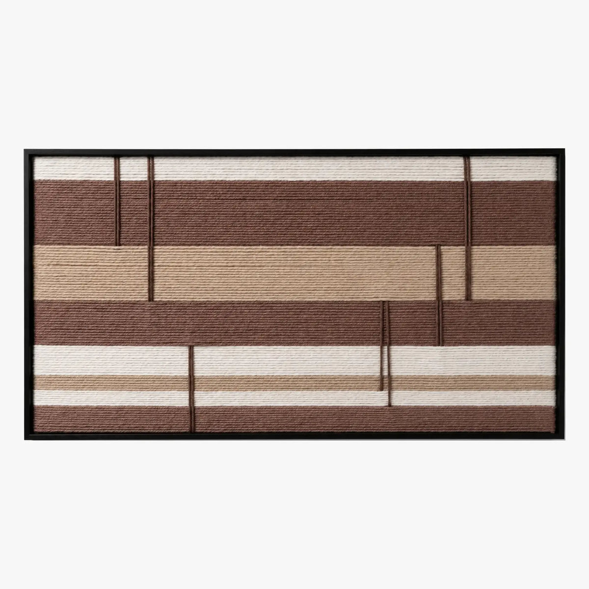 Front studio view of Cocoa Strata textured wall art with cocoa brown and cream horizontal stripes in a black frame.