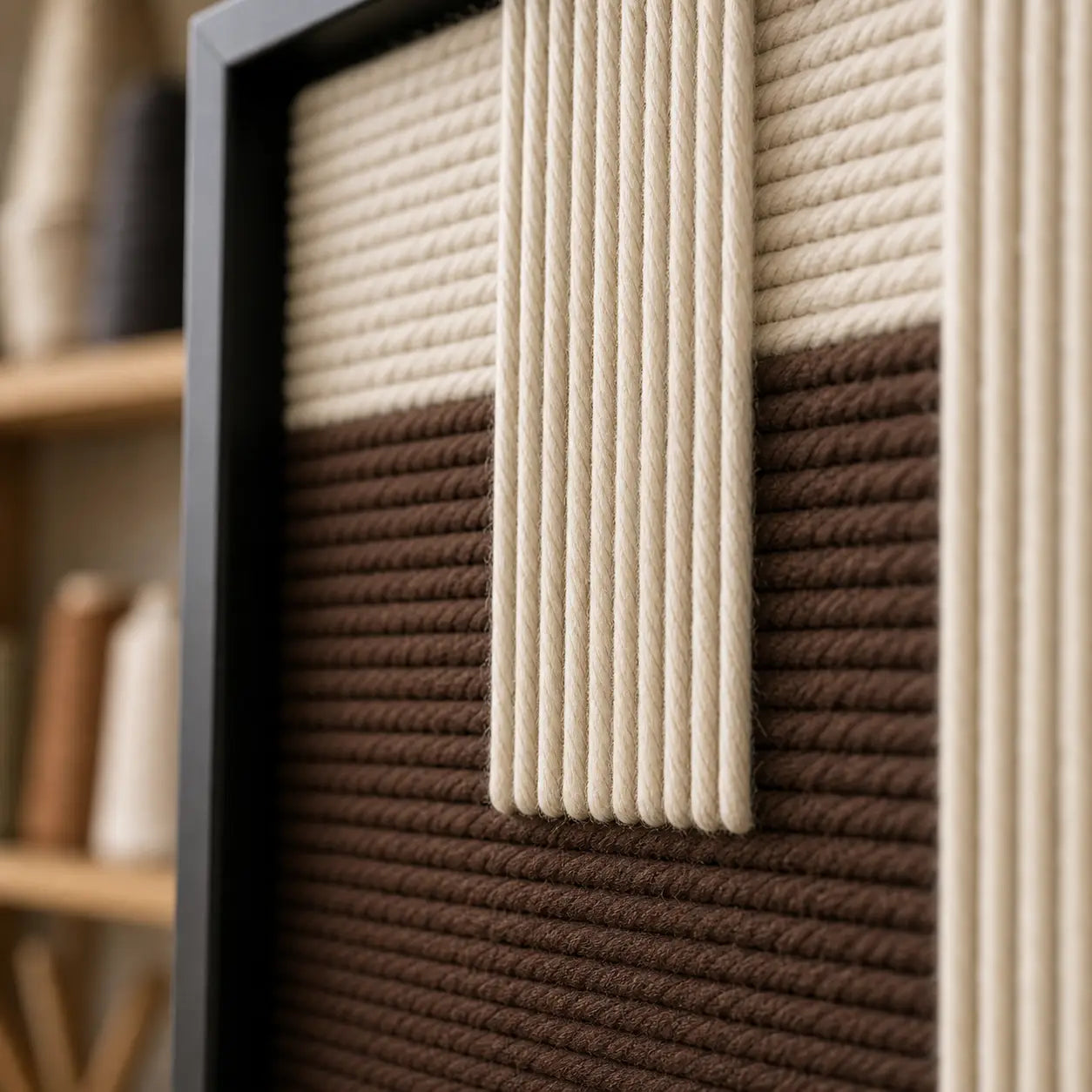 Angled detail of the black frame and dimensional cream and dark brown yarn texture of Ivory Loom textile art.