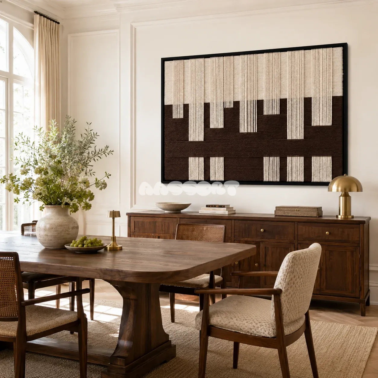 Ivory Loom neutral geometric fiber artwork styled as an architectural focal point in a modern home.