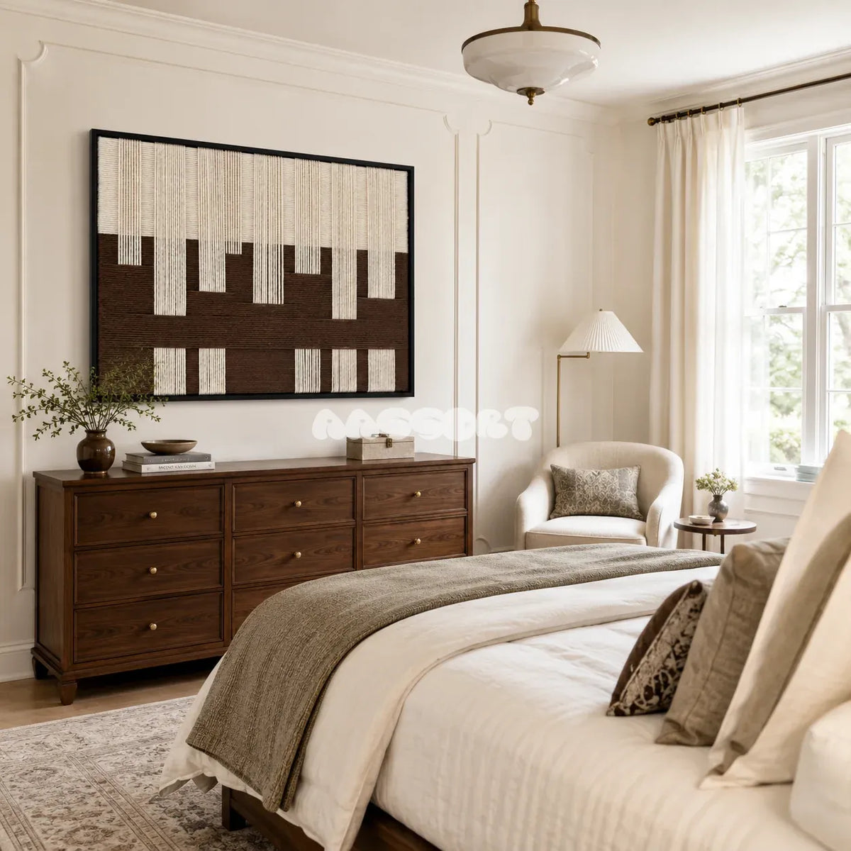 Ivory Loom soft cotton cord fiber art with cream and brown patterns displayed in a calm neutral interior.