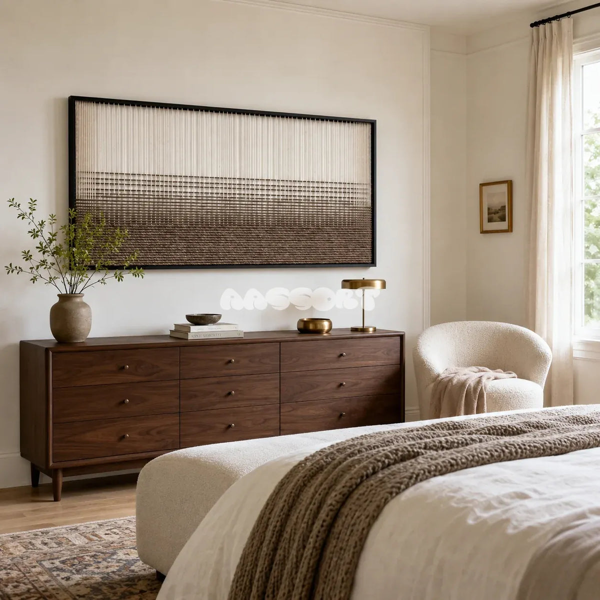 Quiet Thread soft cotton cord gradient fiber art complementing a serene minimalist room.