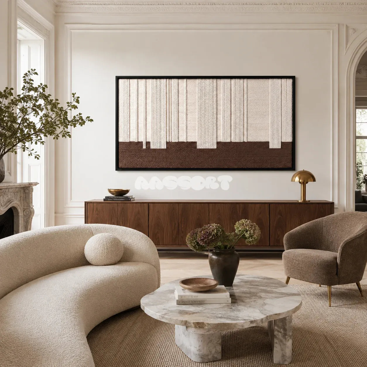 Ivory Rhythm cream and brown textile wall art displayed in a serene modern interior.