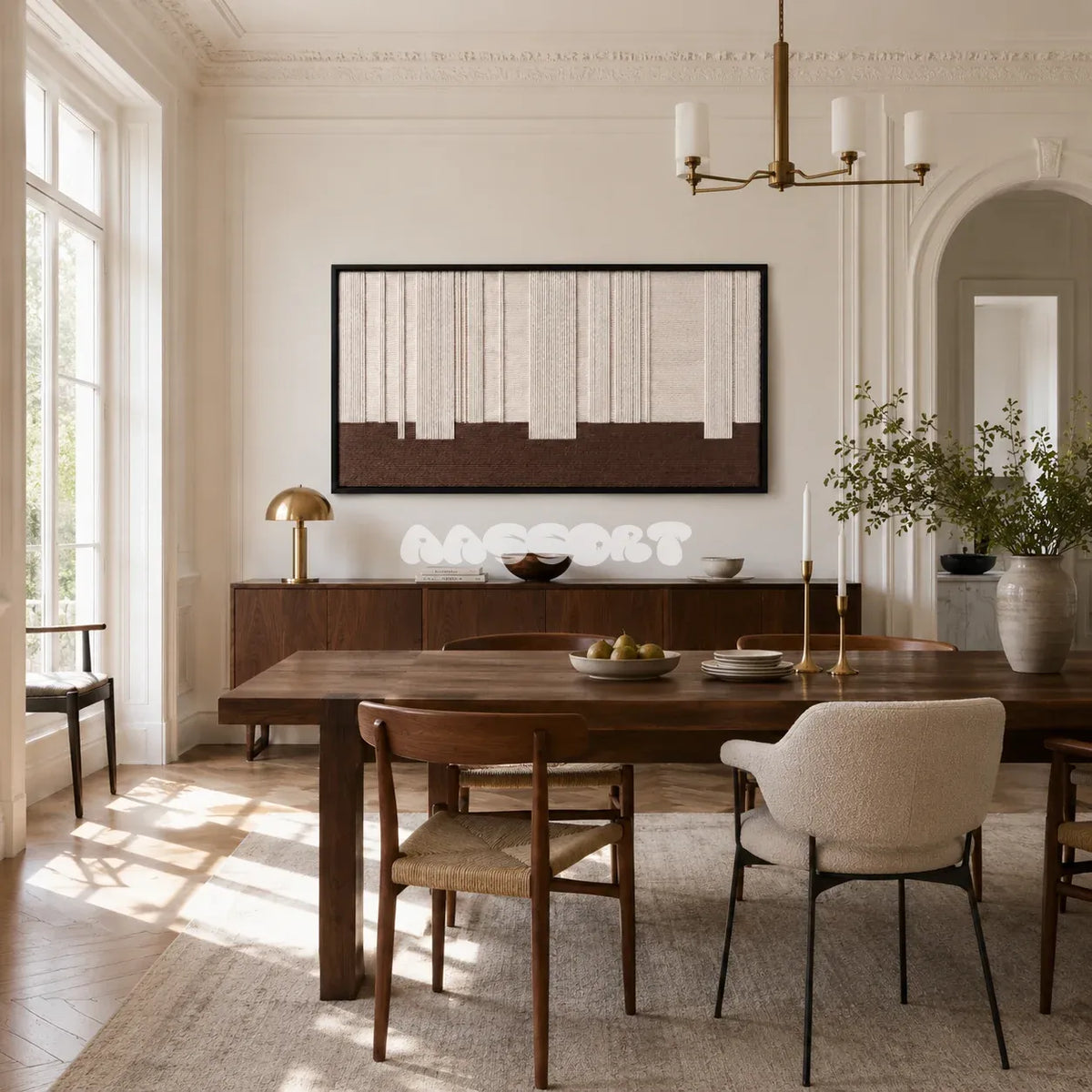Framed Ivory Rhythm woven wall hanging with cream vertical lines and a brown base in a refined neutral room.
