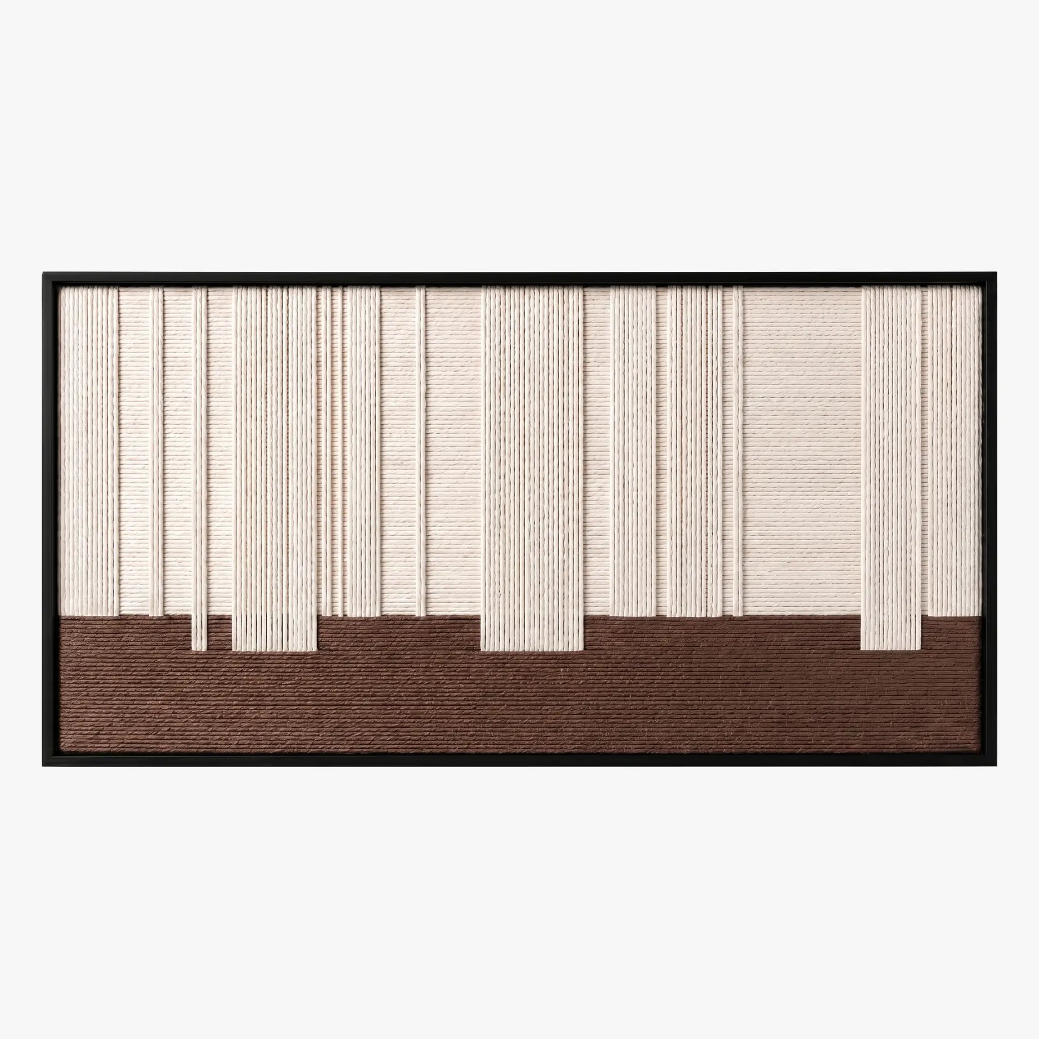 Front studio view of Ivory Rhythm textured wall art with cream vertical lines over a solid brown base in a black frame.