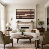 Cocoa Grid brown and cream textile wall art displayed in a warm modern interior.