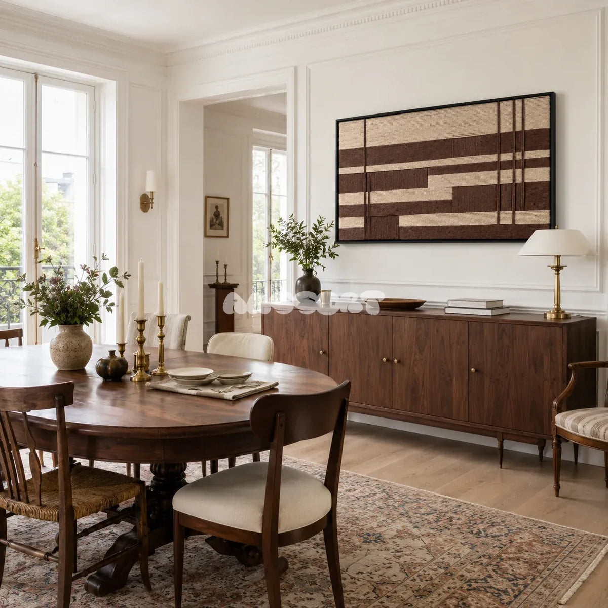 Framed Cocoa Grid woven wall hanging with structured brown and cream grid patterns in a refined room.