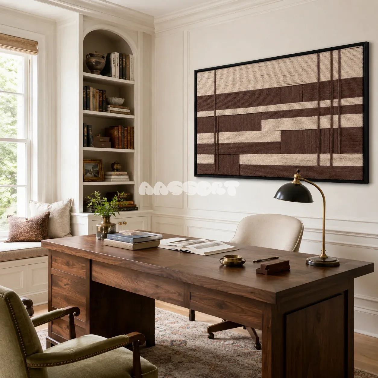Cocoa Grid tactile yarn wall decor bringing warm cocoa and ivory tones to a neutral interior.