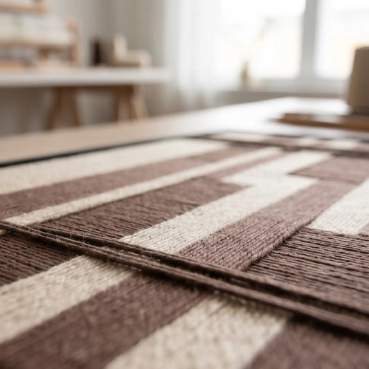 Extreme macro detail of Cocoa Grid hand-woven textile art showing raised brown and cream yarn texture.