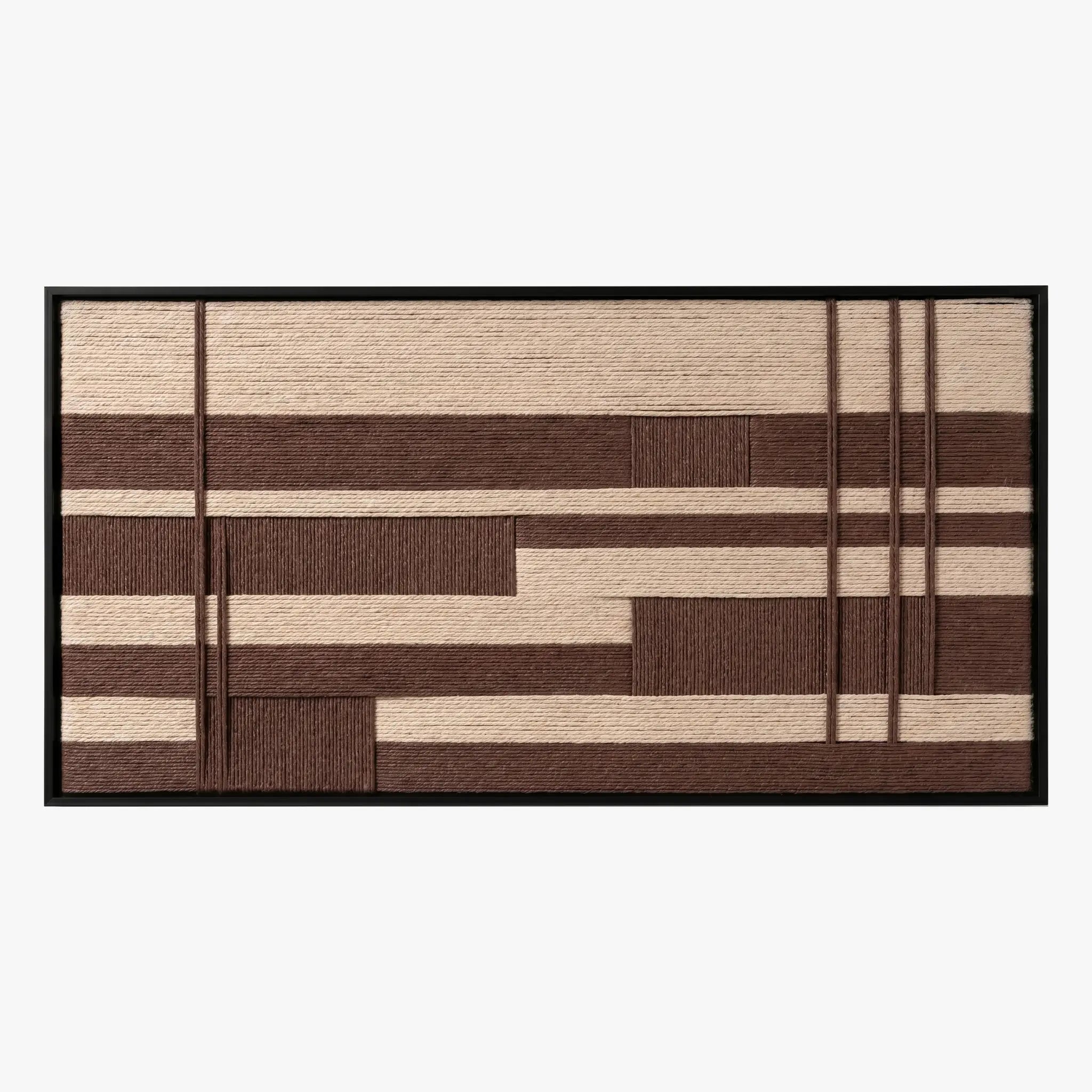 Front studio view of Cocoa Grid textured wall art featuring brown and cream geometric patterns in a black frame.