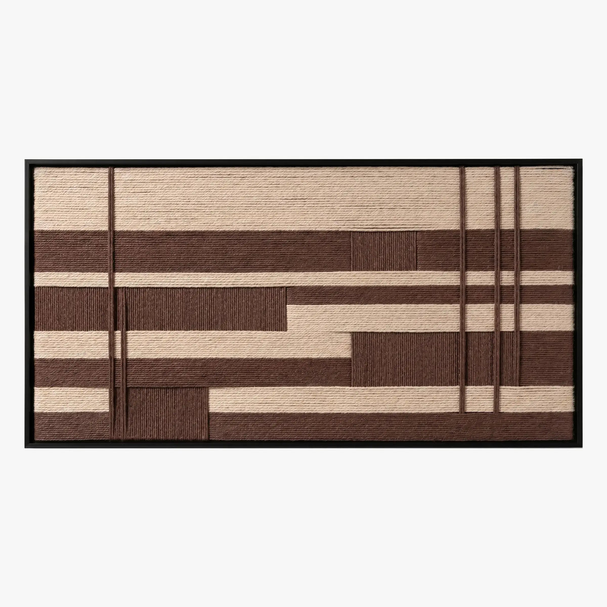 Front studio view of Cocoa Grid textured wall art featuring brown and cream geometric patterns in a black frame.