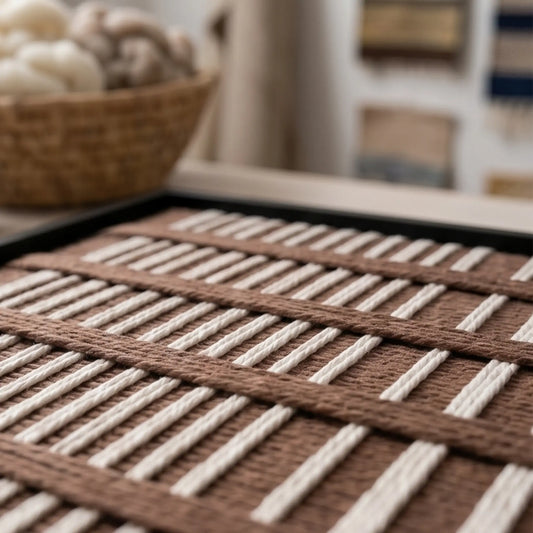Angled detail of Cocoa Cadence textile art showing raised brown and cream hand-woven yarn texture.