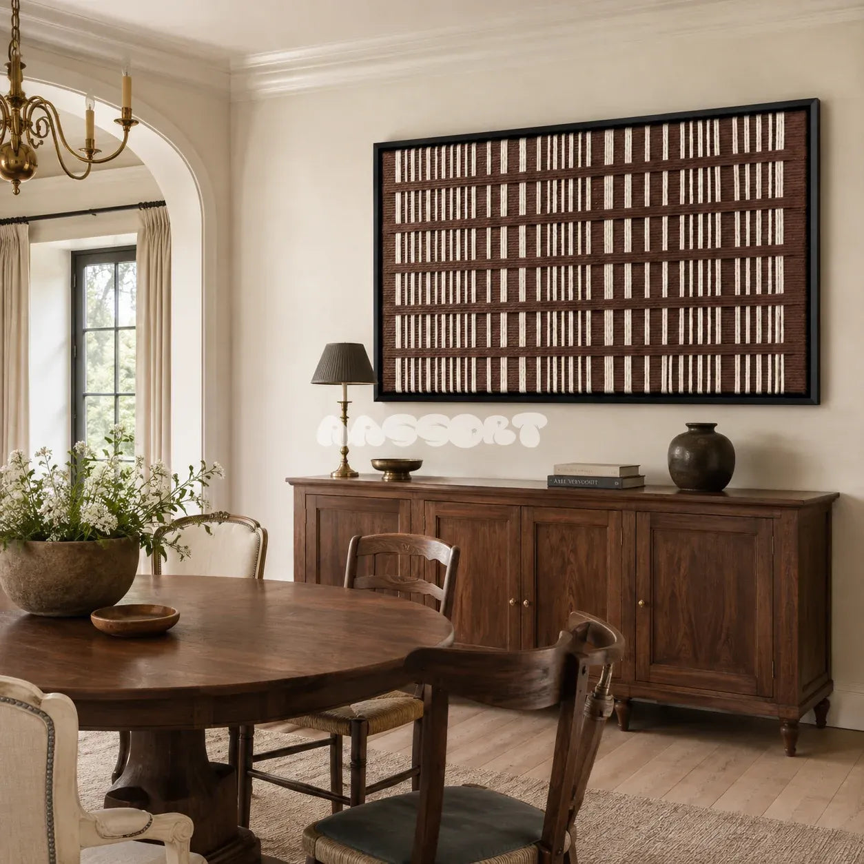 Framed Cocoa Cadence woven wall hanging with structured brown and cream vertical patterns in a refined room.