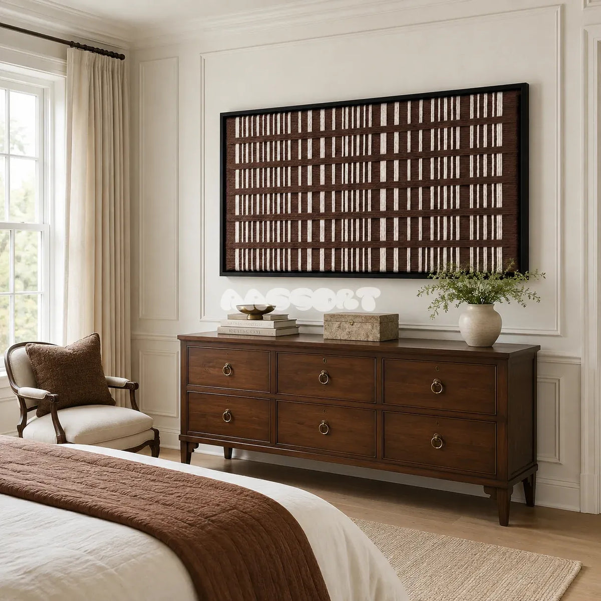 Cocoa Cadence soft cotton cord fiber art with a rhythmic geometric grid displayed in a modern living space.