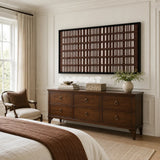 Cocoa Cadence soft cotton cord fiber art with a rhythmic geometric grid displayed in a modern living space.