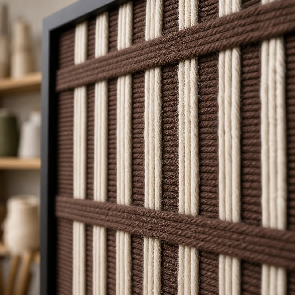 Macro detail of Cocoa Cadence textured textile art highlighting thick brown and cream yarn beside the black frame.