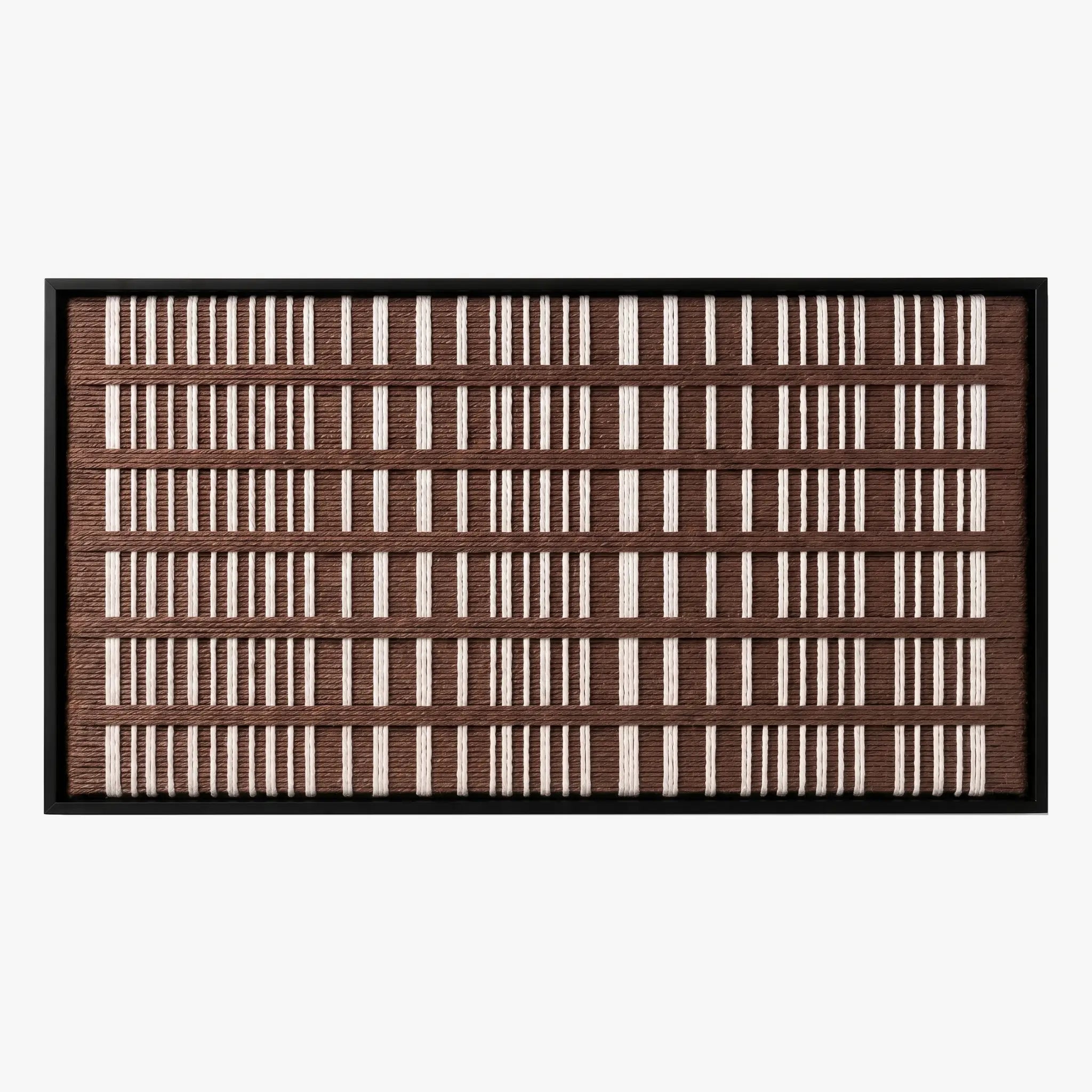 Front studio view of Cocoa Cadence textured wall art featuring a brown and cream vertical grid pattern in a black frame.