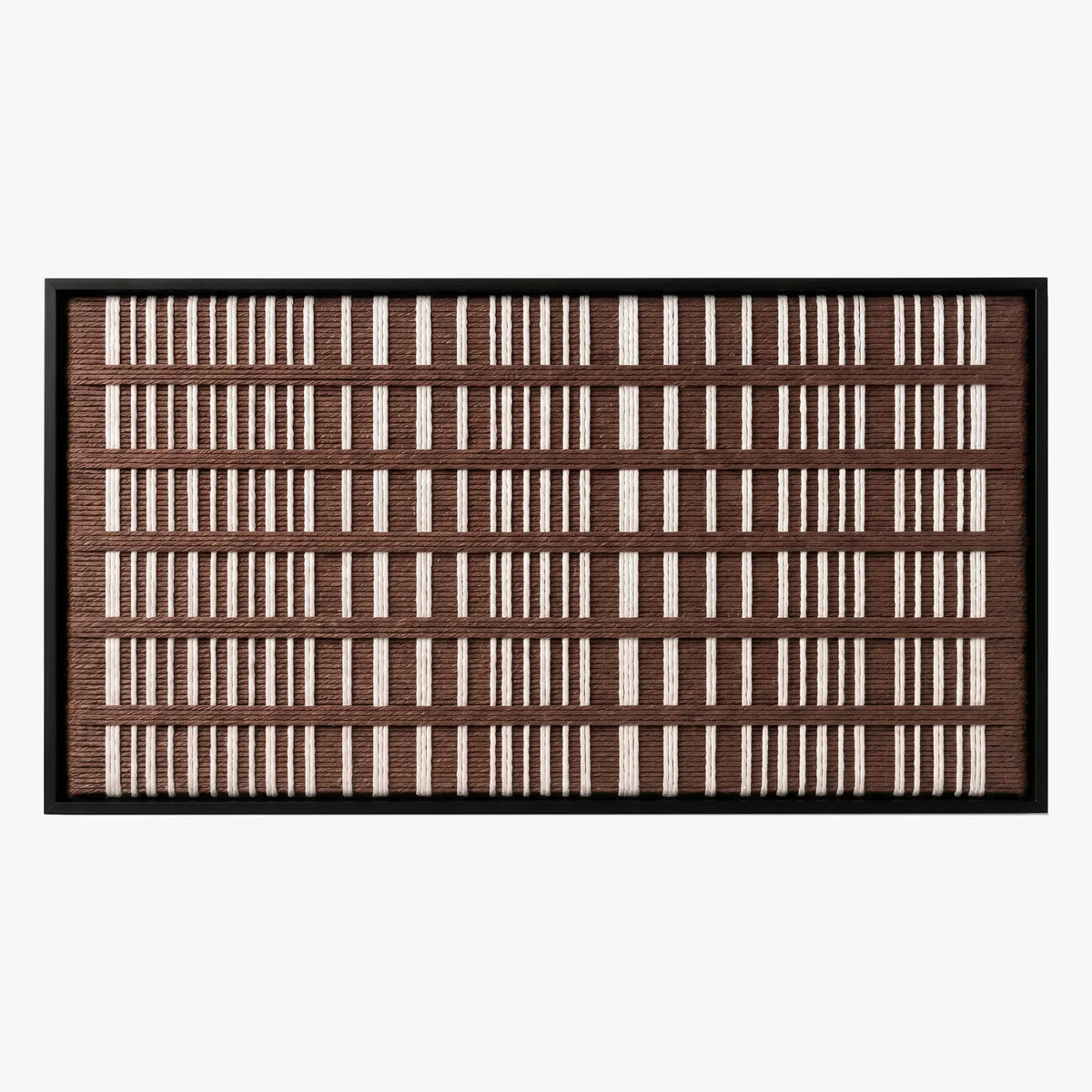 Front studio view of Cocoa Cadence textured wall art featuring a brown and cream vertical grid pattern in a black frame.