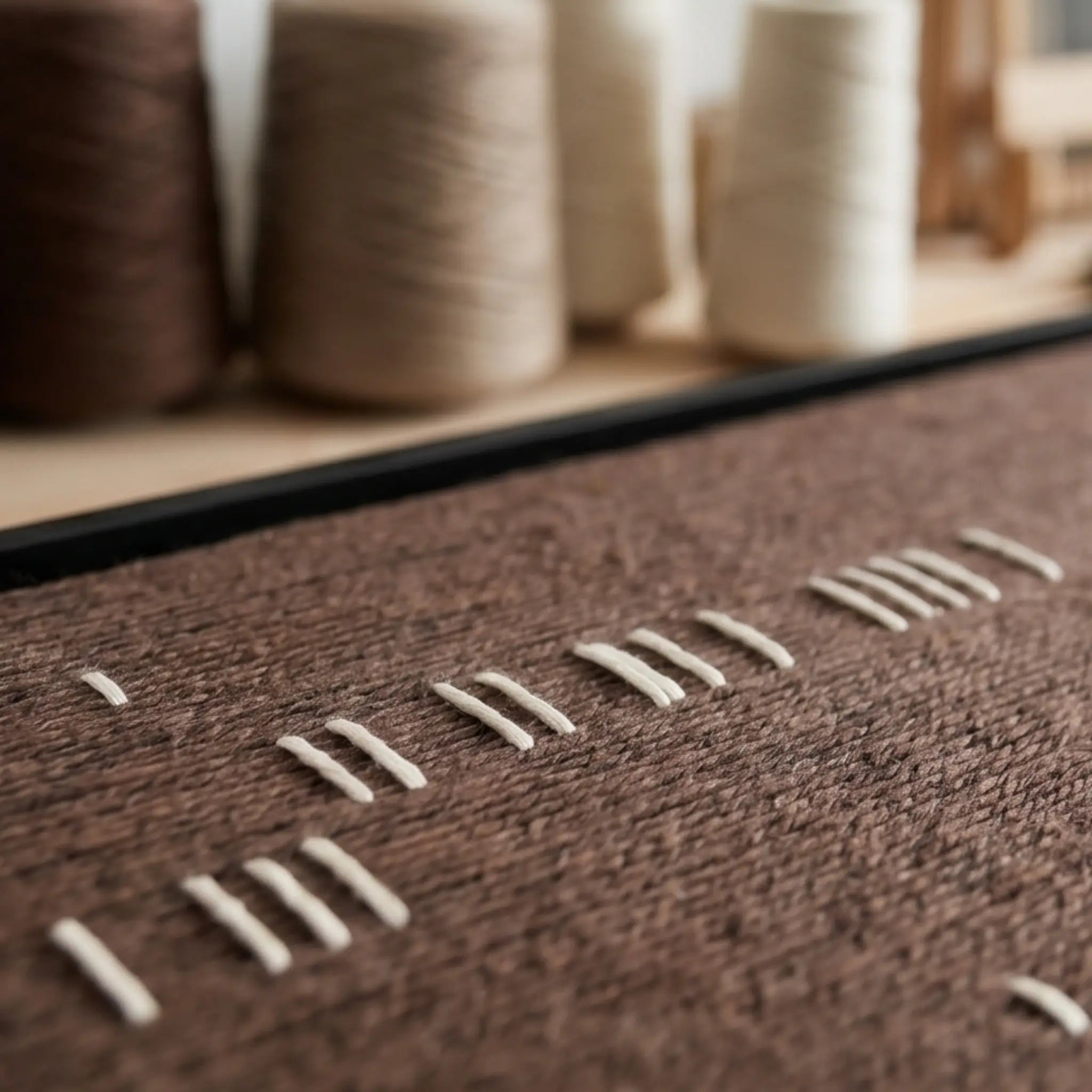 Angled detail of Cocoa Whispers textile art showing raised white yarn against a deep brown woven background.