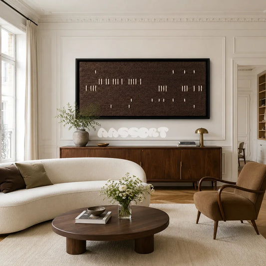 Cocoa Whispers dark brown textile wall art displayed in a calm modern-organic interior.