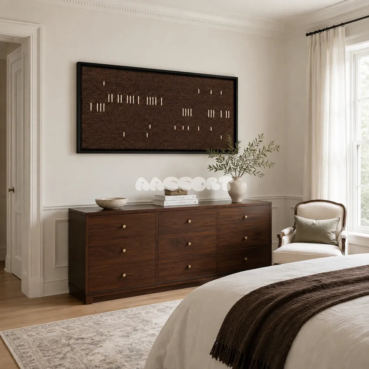 Cocoa Whispers tactile yarn wall decor bringing earthy cocoa and ivory tones to a refined interior.