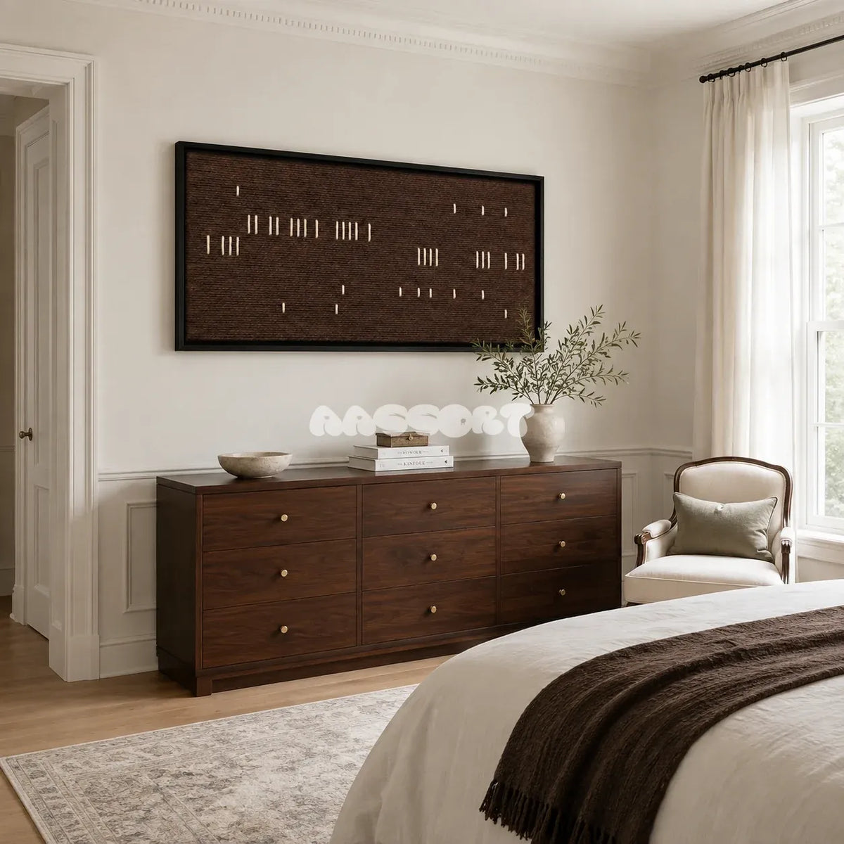 Cocoa Whispers tactile yarn wall decor bringing earthy cocoa and ivory tones to a refined interior.
