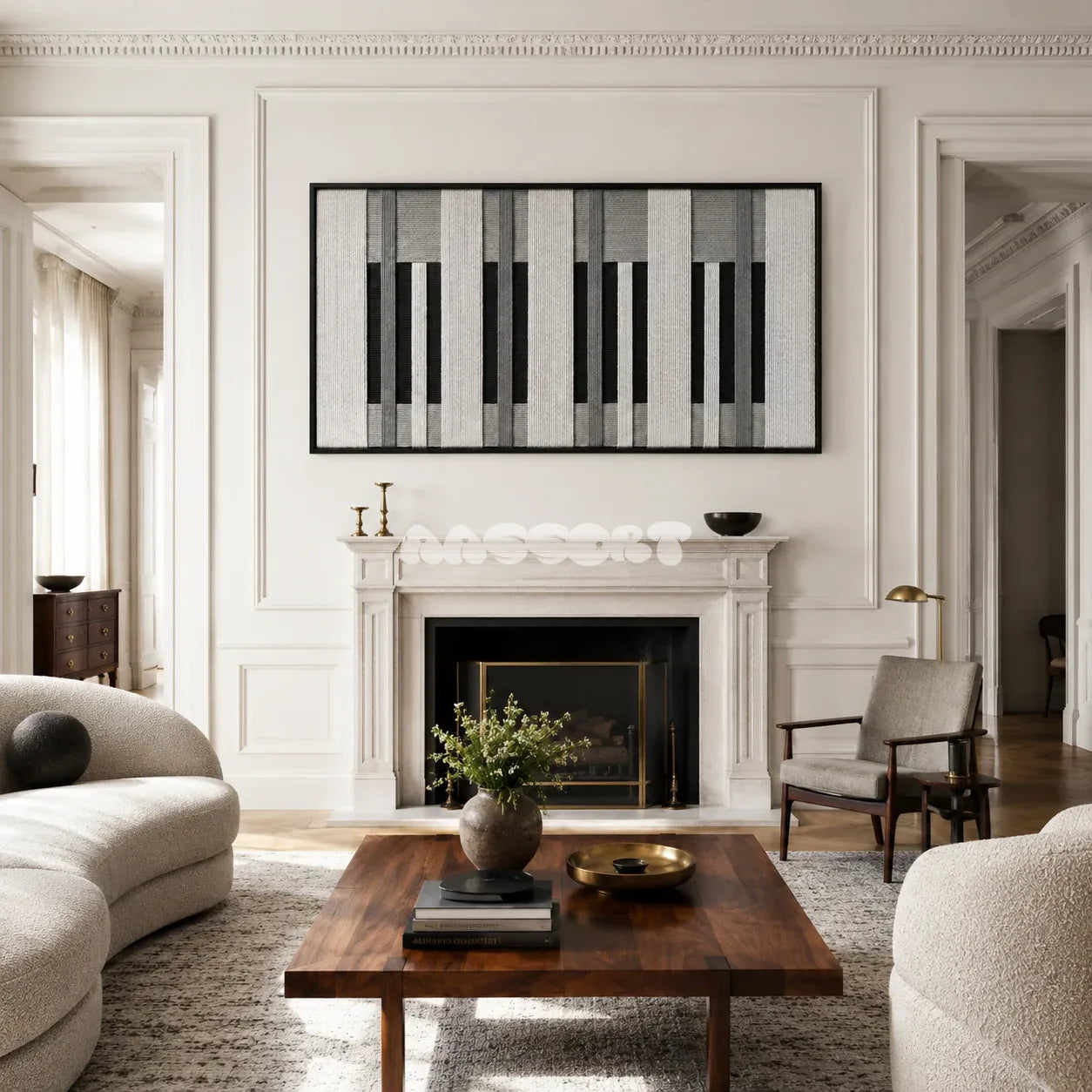 Monochrome Tempo black, white, and grey textile wall art displayed in a refined modern interior.