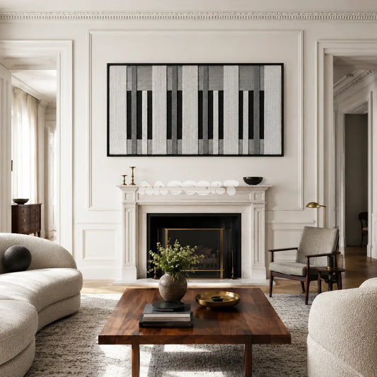 Monochrome Tempo black, white, and grey textile wall art displayed in a refined modern interior.