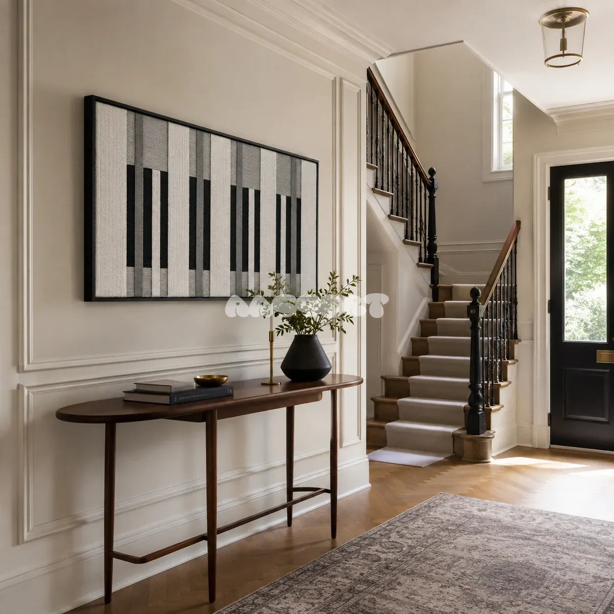 Monochrome Tempo geometric fiber artwork styled as an architectural focal point in a contemporary home.
