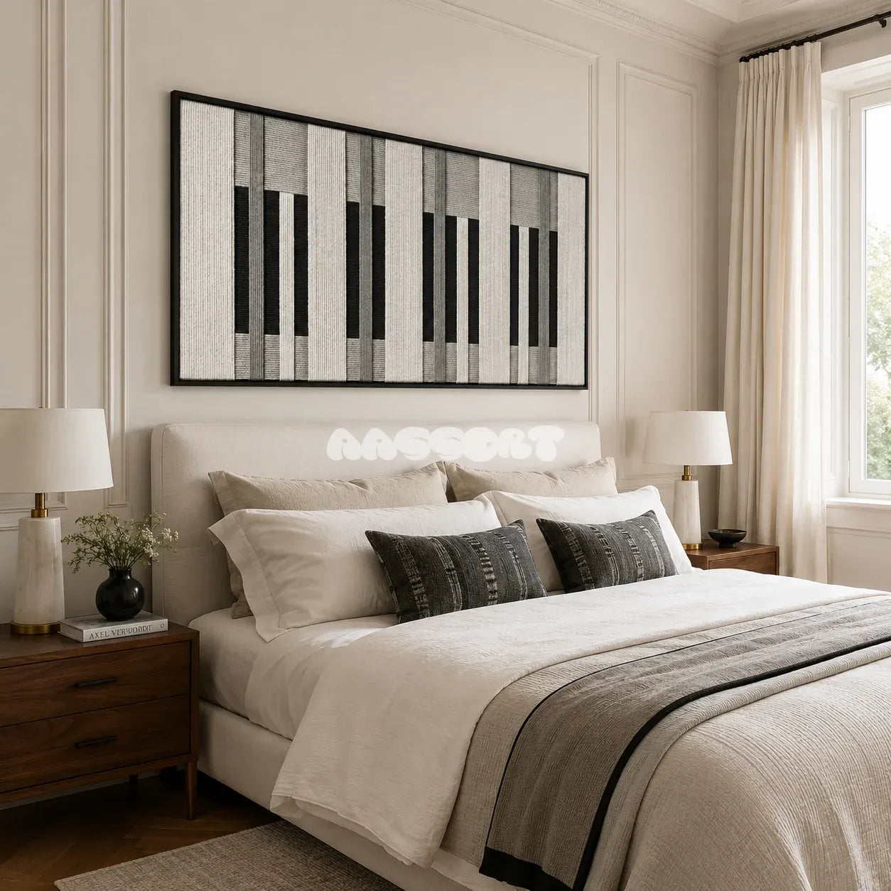 Framed Monochrome Tempo woven wall hanging with a rhythmic black and white pattern in a modern room.