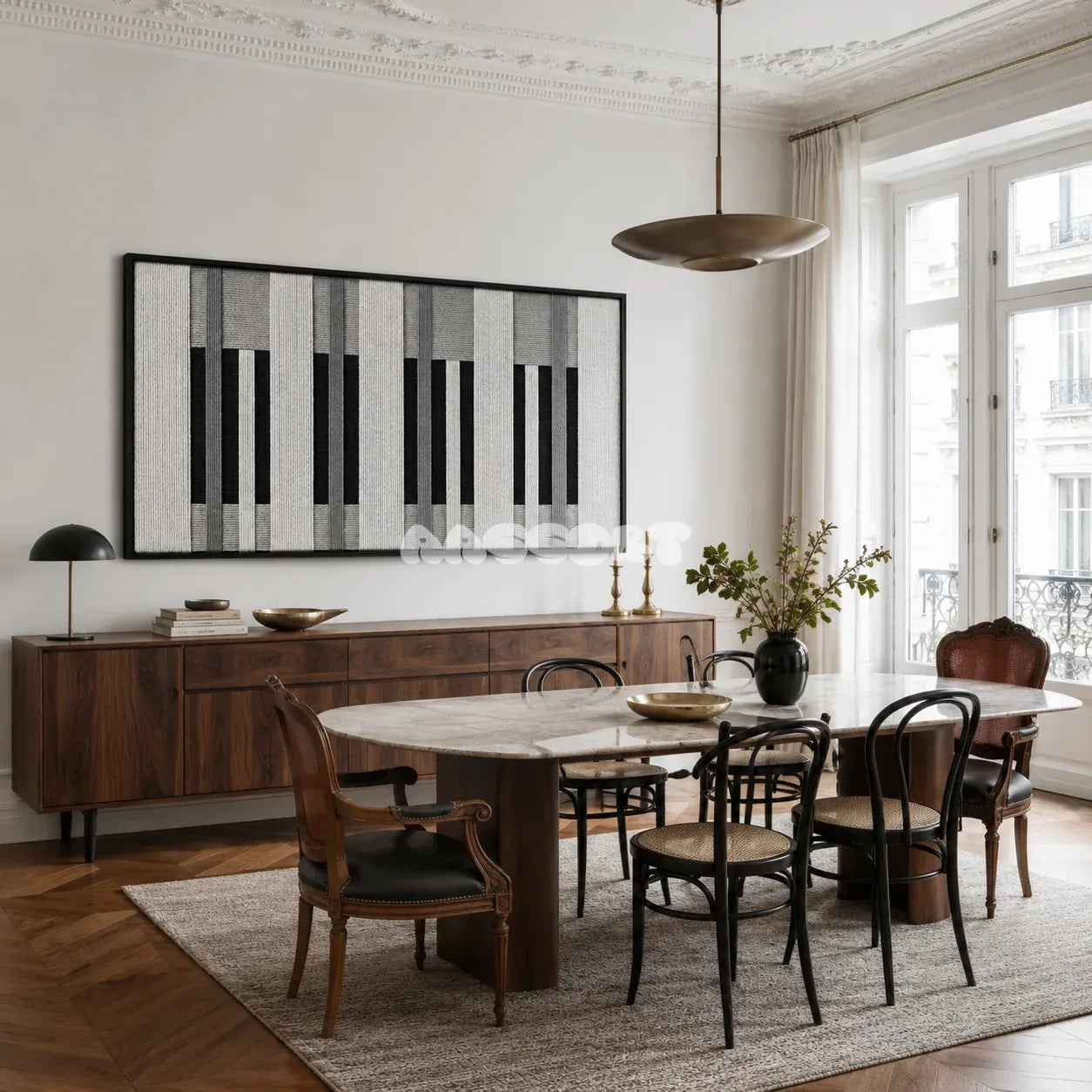 Monochrome Tempo soft cotton cord fiber art with a piano-key-inspired pattern displayed in a refined living space.