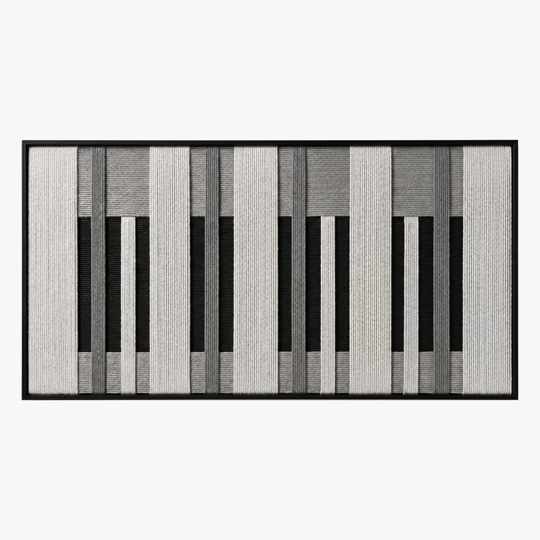Front studio view of Monochrome Tempo textured wall art featuring a black, white, and grey piano-key geometric pattern in a black frame.