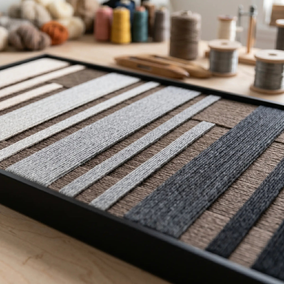 Angled detail of Umber Columns textile art showing its raised dimensional soft cotton cord texture.
