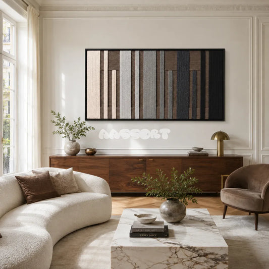 Umber Columns earthy striped textile wall art displayed in a warm contemporary interior.