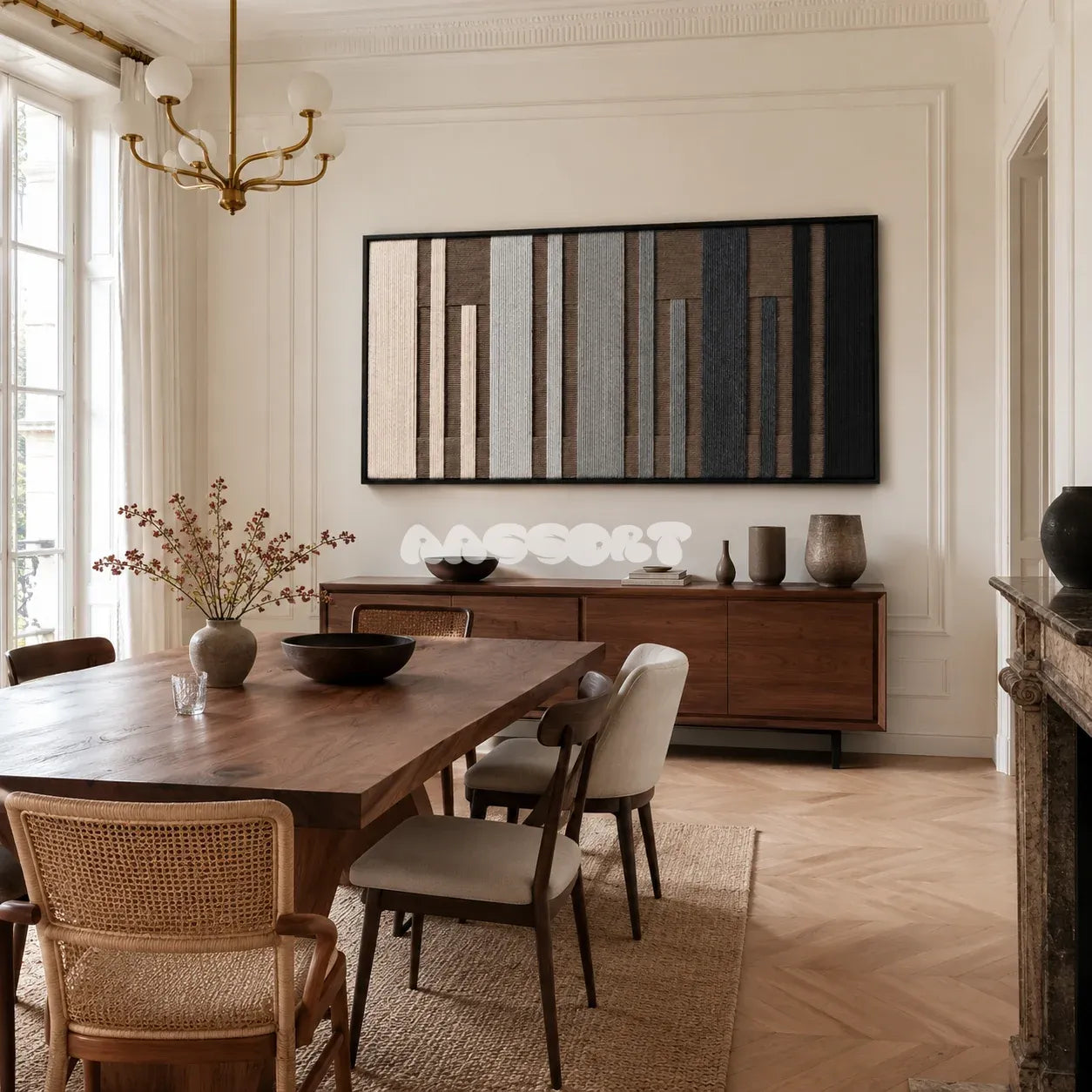 Framed Umber Columns woven wall hanging with vertical brown, grey, black, and cream stripes in a refined room.