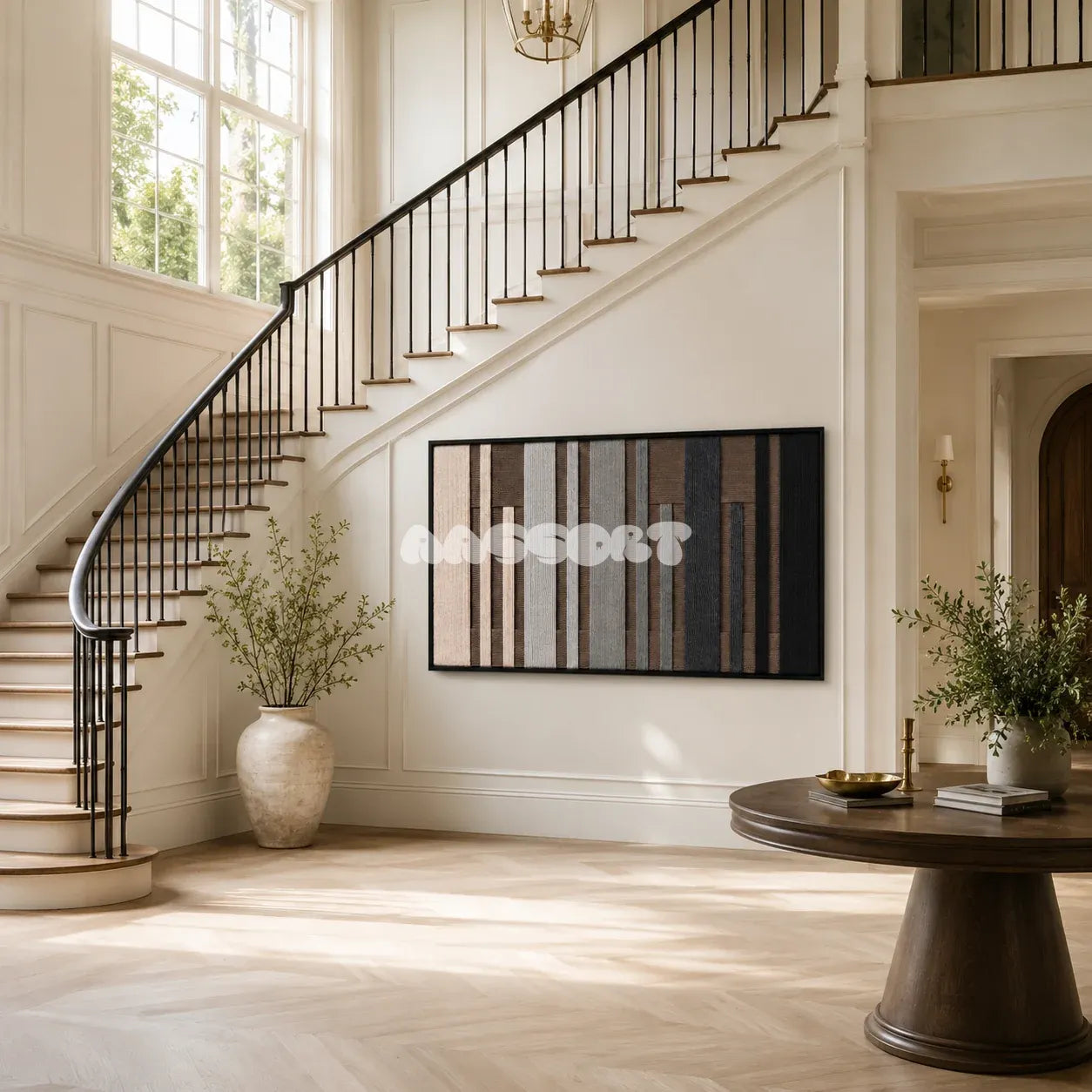 Umber Columns soft cotton cord fiber art with rhythmic vertical bands displayed in a quietly dramatic living space.