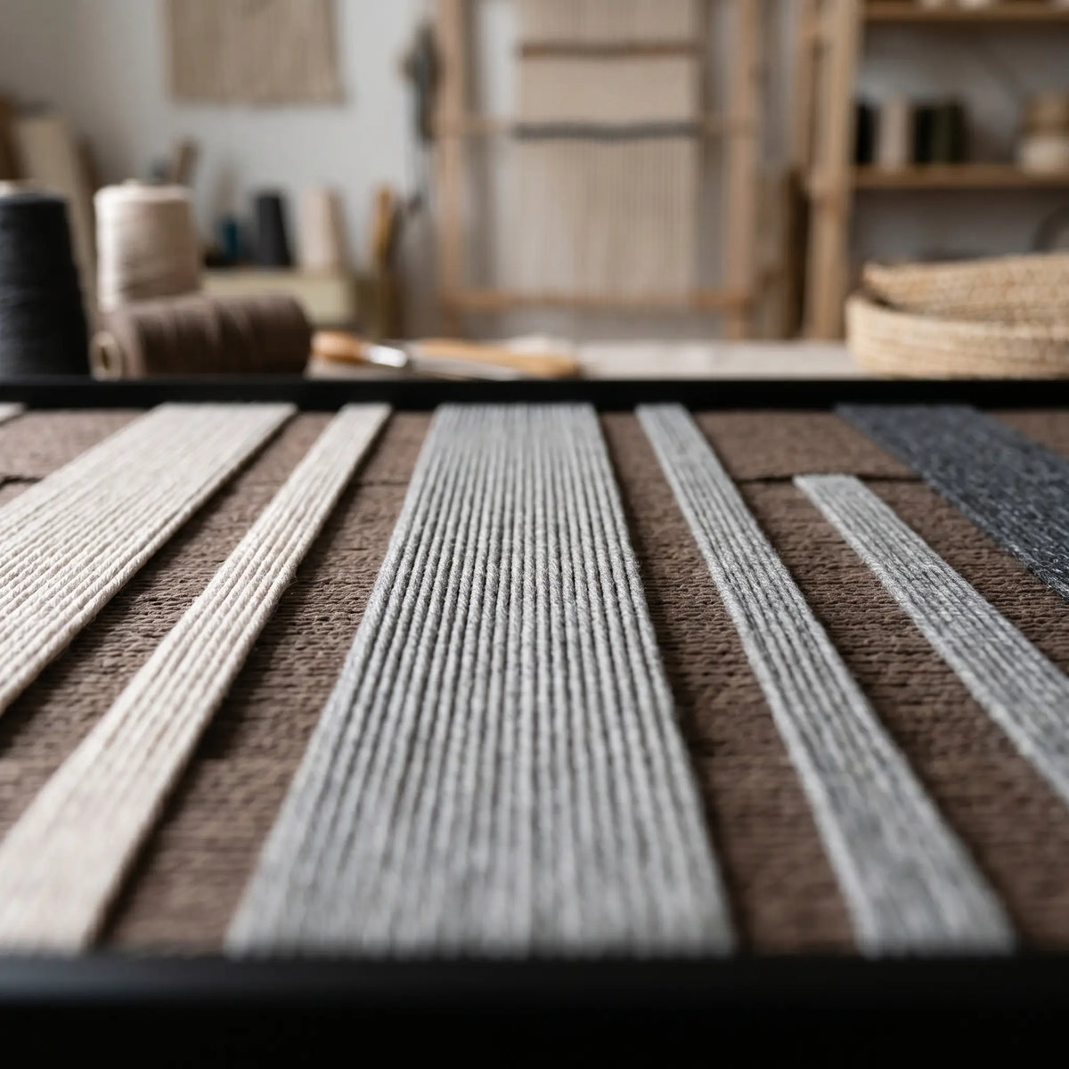 Macro detail of Umber Columns textured textile art highlighting thick vertical grey, black, and cream yarn.